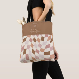 Elegant Neutral Chequered Personalised Monogram Tote Bag