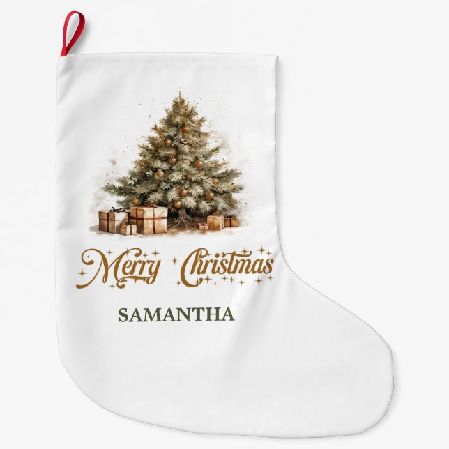 Elegant neutral earthy tones green and gold  large christmas stocking (Front)