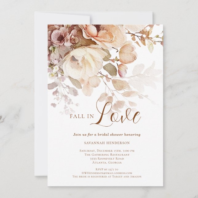 Elegant Neutral Fall In Love Floral Bridal Shower Invitation (Front)