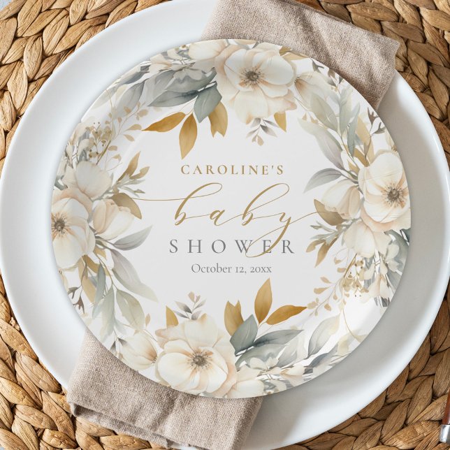 Elegant Neutral Floral Baby Bloom Baby Shower Paper Plate (Creator Uploaded)