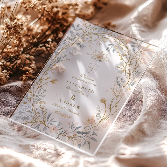 Elegant Neutral Floral Crest Wedding Acrylic Invitations (Creator Uploaded)