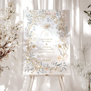 Elegant Neutral Floral Crest Wedding Acrylic Sign