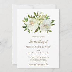 Elegant Neutral Floral White Ivory Gold Wedding Invitation