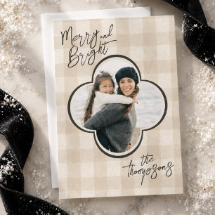 Elegant Neutral Gingham Quatrefoil Family Photo Holiday Card