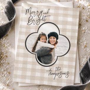 Elegant Neutral Gingham Quatrefoil Family Photo Holiday Card