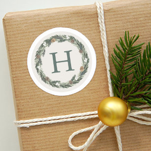 Elegant Neutral Greenery Pinecone Monogram Classic Round Sticker