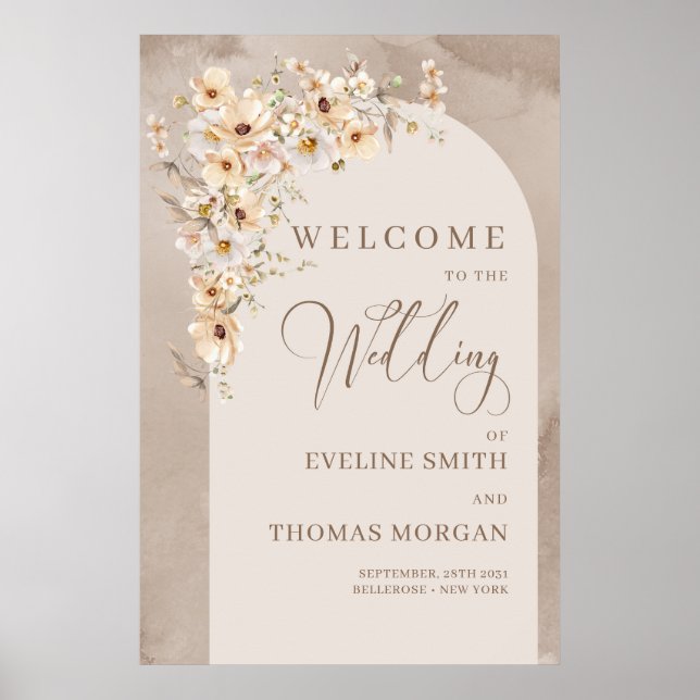 Elegant neutral ivory white flower wedding welcome poster (Front)