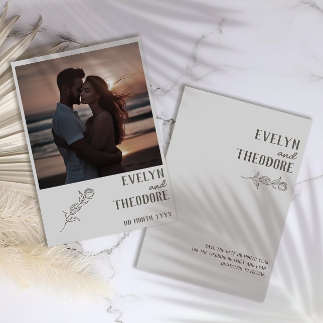 Elegant Neutral Line Art Flower with photo Wedding Save The Date (Creator Uploaded)