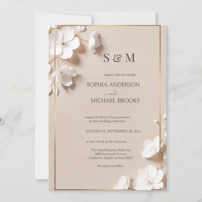 Elegant Neutral Magnolia White Floral Wedding  Invitation (Front)