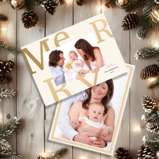 Elegant Neutral “Merry” Modern Photo Holiday Card