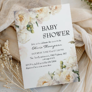 Elegant Neutral Peony Floral Baby Shower Invitation
