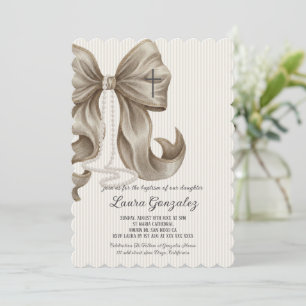 Elegant Neutral Striped Bow Baptism Invitation