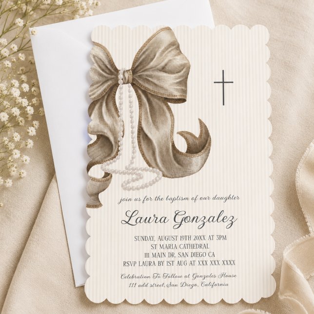 Elegant Neutral Striped Bow Baptism Invitation (Creator Uploaded)