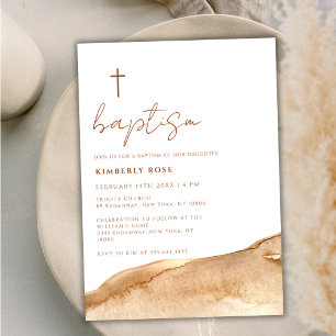 Elegant Neutral Terracotta Abstract Cross Baptism  Invitation
