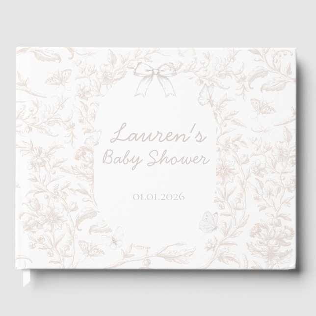 Elegant Neutral Toile Nature Baby Shower Guest Book (Front)