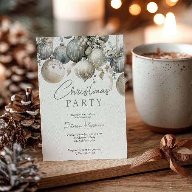 Elegant Neutral Watercolor Baubles Christmas Party Invitation (Elegant Neutral Watercolor Baubles Christmas Party Invitation)