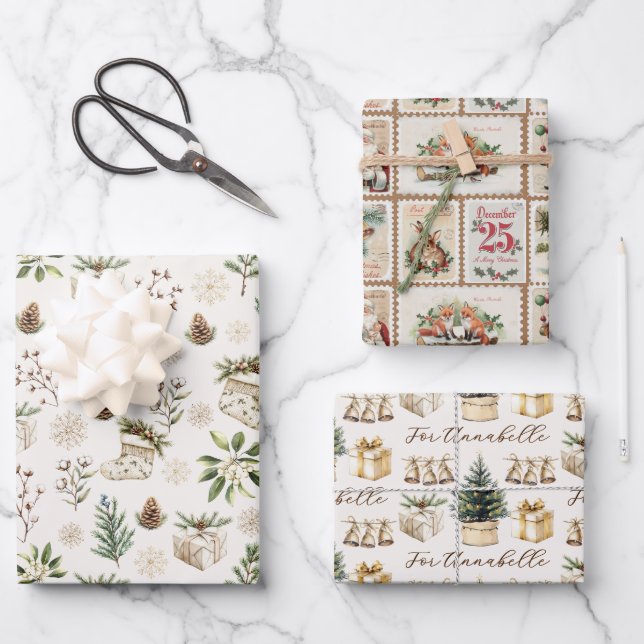 Elegant Neutral Watercolor Christmas Holiday Print Wrapping Paper Sheet (Front)