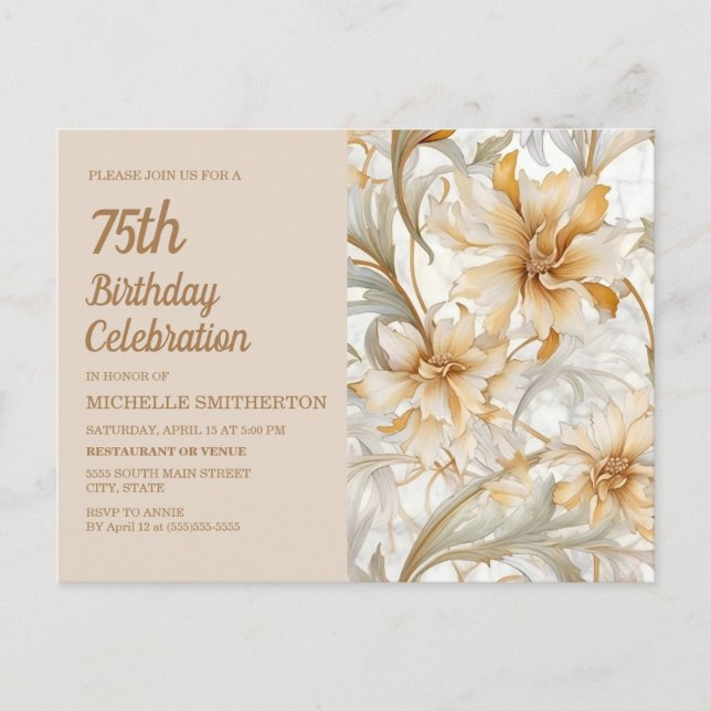 Elegant Neutral Watercolor Floral 75th Birthday Invitation Postcard (Front)