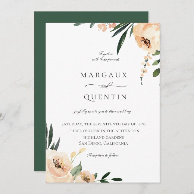 Elegant Neutral Watercolor Floral Wedding Invitation (Front/Back)