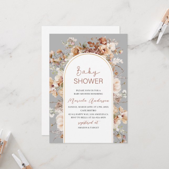 Elegant Neutral Watercolor Flowers Baby Shower Invitation (Front/Back In Situ)