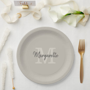 Elegant Neutrals Name and Initial Monogram Paper Plate
