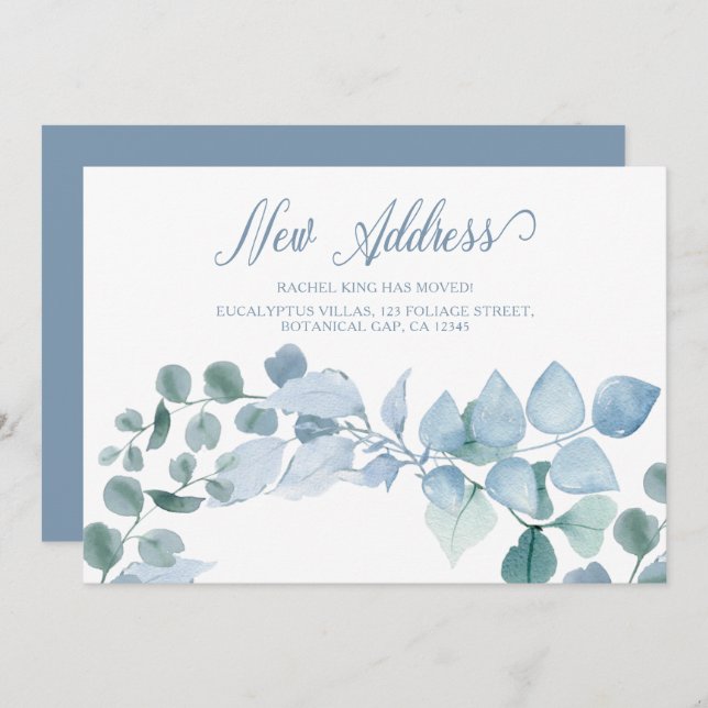 Elegant New Address Eucalyptus Leaves Moving Announcement (Front/Back)