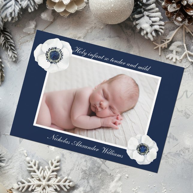 Elegant New Baby Dark Blue Flower Photo Christmas Holiday Card (Creator Uploaded)