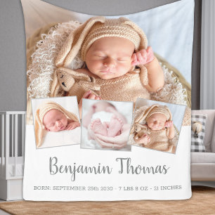 Elegant New Baby Personalised 4 Photo Collage Fleece Blanket