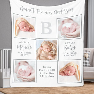 Elegant New Baby Personalised 5 Photo Collage Fleece Blanket