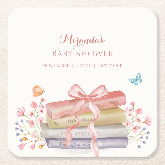 Elegant New Chapter Floral Bow Book Baby Shower Square Paper Coaster (Front)