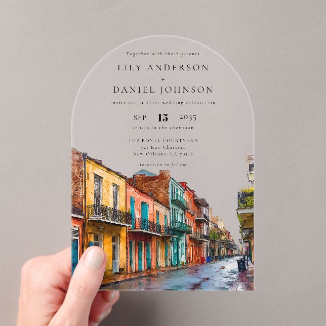 Elegant New Orleans Watercolor Wedding Arch Acrylic Invitations (Insitu (Handheld))