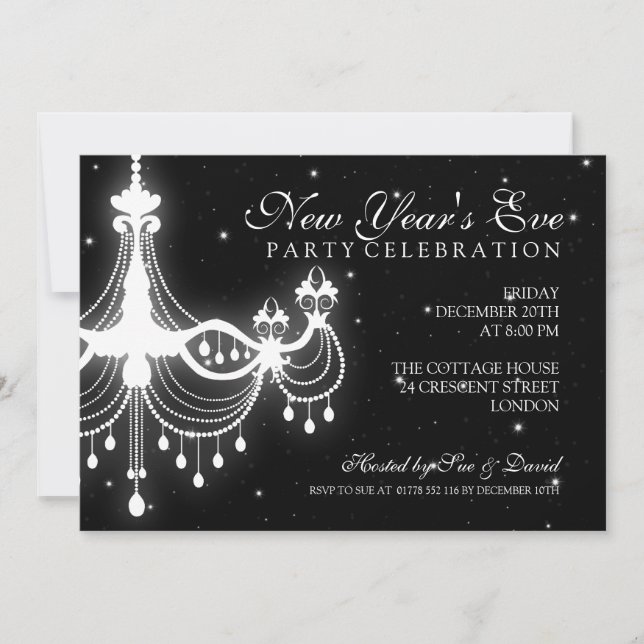 Elegant  New Years Eve Chandelier Black Invitation (Front)