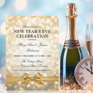 Elegant New Years Eve Gold Bokeh Lights Bow Invitation