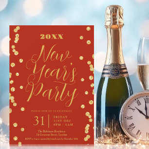 Elegant New Years Eve Gold Glitter Confetti Red Invitation