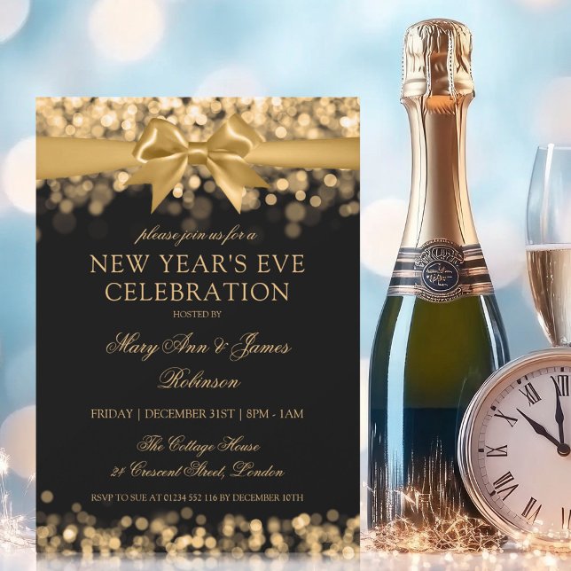 Elegant New Years Eve Gold Shimmer Lights Bow Invitation (Elegant New Years Eve Gold Shimmer Lights Bow Invitation)
