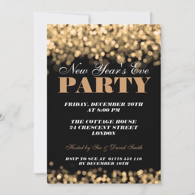 Elegant  New Years Eve Gold Shimmering Lights Invitation (Front)