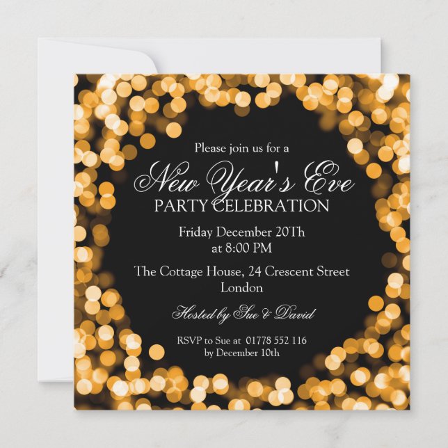 Elegant New Years Eve Gold Sparkly Lights Invitation (Front)