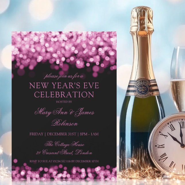 Elegant New Years Eve Hot Pink Shimmering Lights Invitation (Elegant New Years Eve Hot Pink Shimmering Lights Invitation)