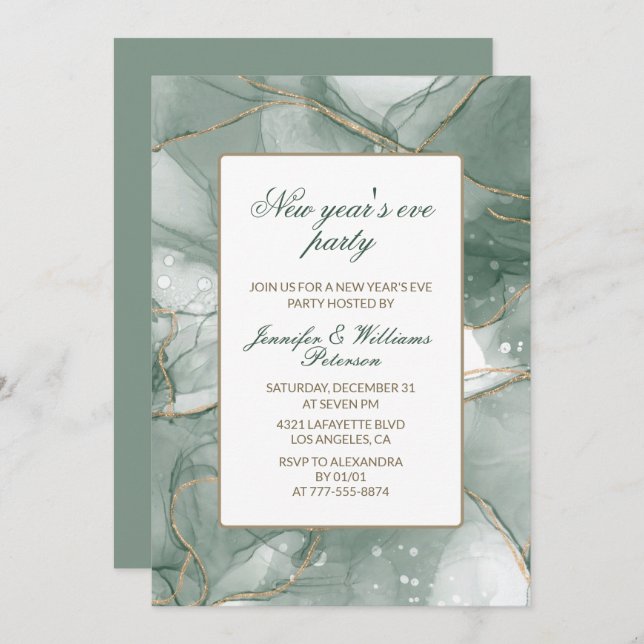 Elegant New year's eve invitation Green Gold (Front/Back)