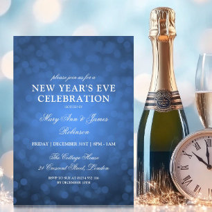 Elegant New Years Eve Navy Blue Bokeh Lights Invitation