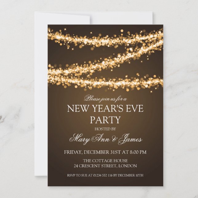 Elegant New Years Eve Party Gold String Lights Invitation (Front)