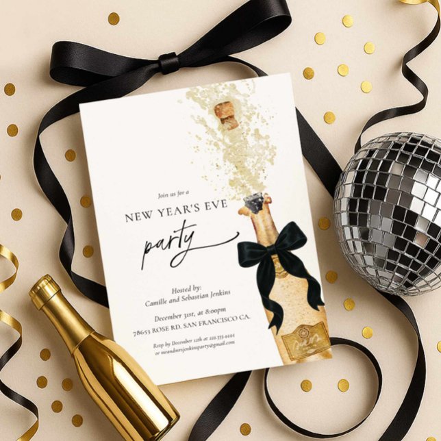 Elegant New Years Eve Party Invitation (New Year's Eve Party Invitation - Gold Champagne Bottle with Black Bow)