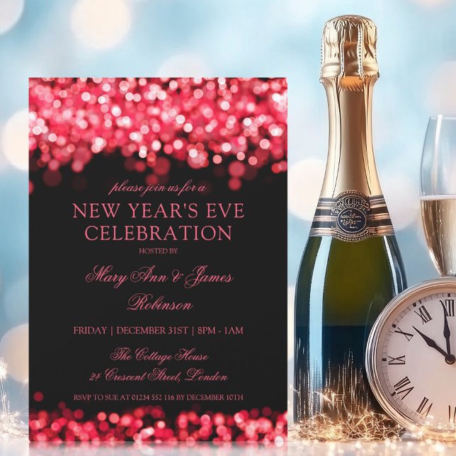 Elegant New Years Eve Red Shimmering Lights Invitation (Elegant New Years Eve Red Shimmering Lights Invitation)