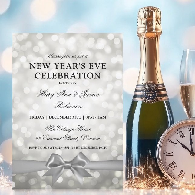 Elegant New Years Eve Silver Bokeh Lights Bow Invitation (Elegant New Years Eve Silver Bokeh Lights Bow Invitation)