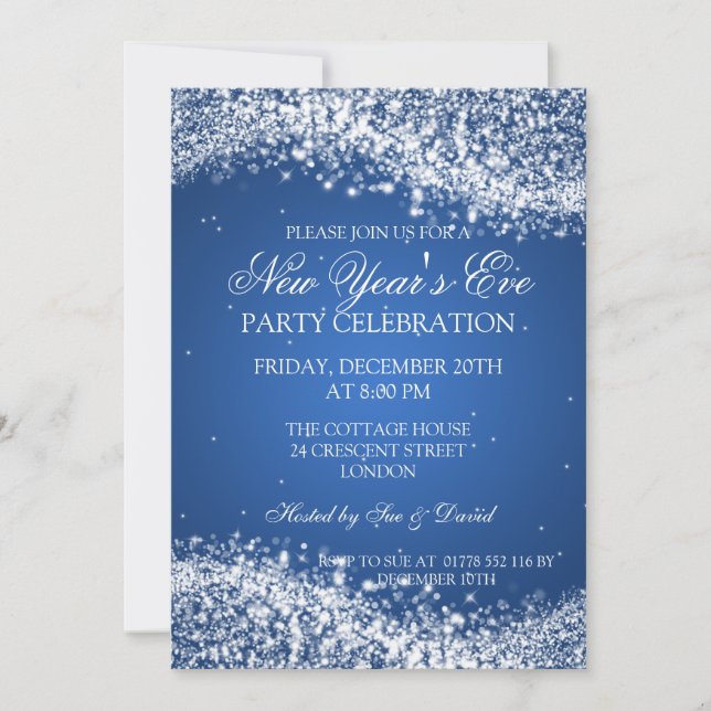 Elegant New Years Eve Sparkling Wave Blue Invitation (Front)