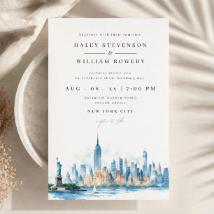 Elegant New York City Skyline Watercolor Wedding Invitation