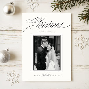 Elegant Newlywed Black & White 2 Photo Christmas Holiday Card