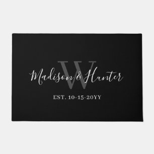 Elegant Newlywed Black White Script Monogram Name Doormat