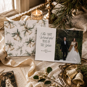 Elegant Newlywed Christmas Bells Photo Holiday Card