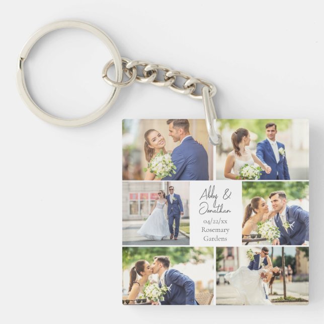 Elegant Newlywed Married Couple Photo Collage Key Ring (Front)